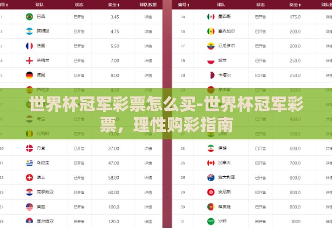 世界杯冠军彩票怎么买-世界杯冠军彩票,理性购彩指南 世界杯冠军彩票怎么买-世界杯冠军彩票,理性购彩指南